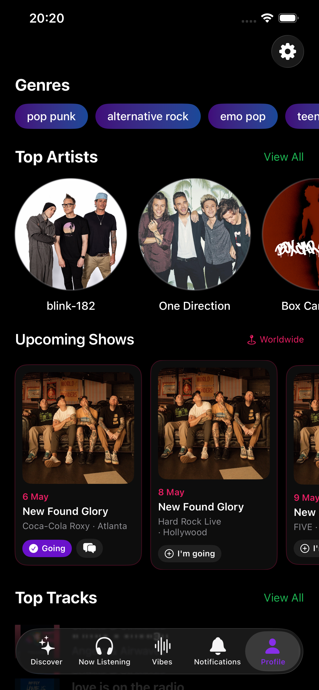 Upcoming shows on profile