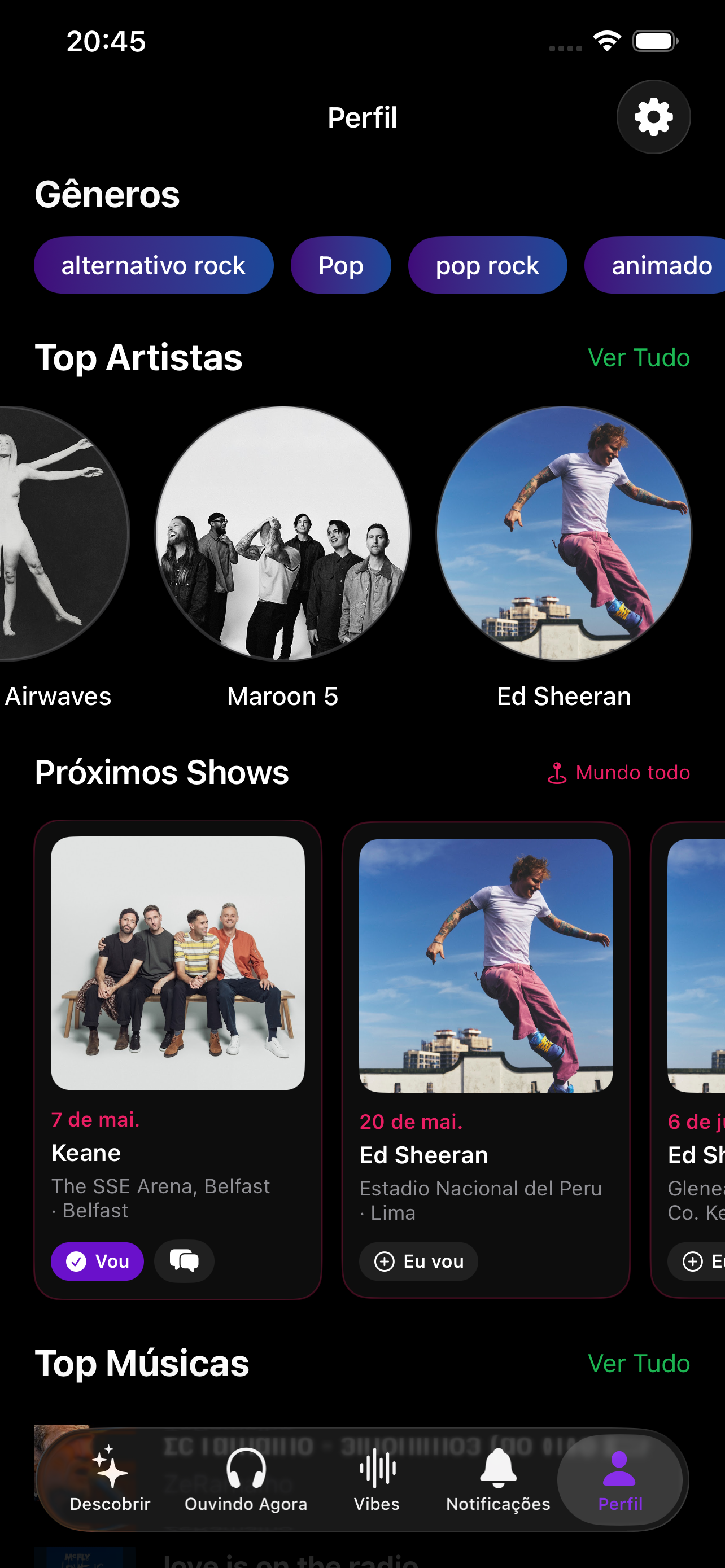 Próximos shows no perfil